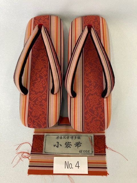 神部謹製 女物 桐黒塗り下駄 正絹 筑前博多織小袋帯使用 Lサイズ№４