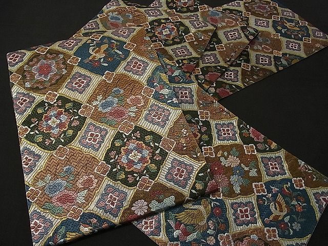 平和屋1□極上 総刺繍 絽刺し 区限刺繍 全通柄袋帯 花喰い鳥 金糸 逸品