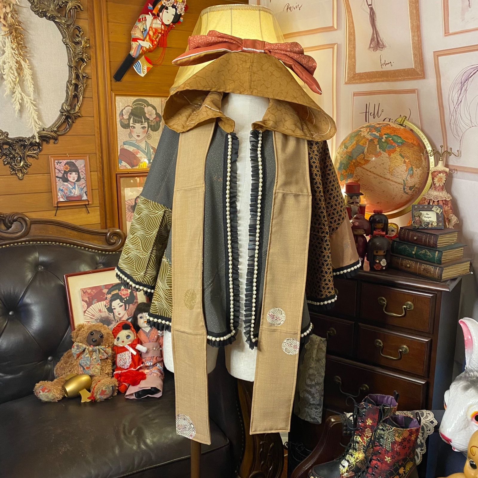 着物リメイクポンチョケープ 和装コート フード付き パールフリル