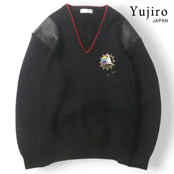yujiro ユウジロウ 石原裕次郎 ヨットブランド 羊革 レザーパッチ付き Vネック ケーブルニットセーター 黒 ブラック LL