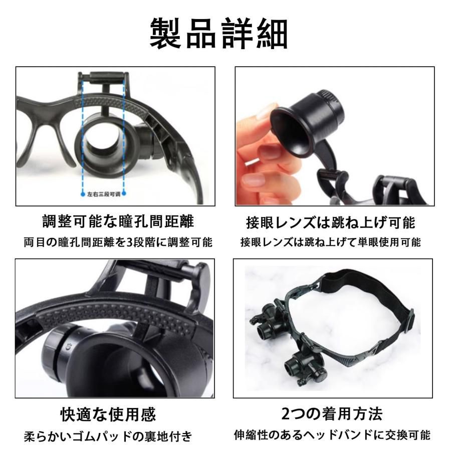 ヘッドバンド拡大鏡 ダブルアイ 拡大鏡 ヘッドマウント照明付き拡大鏡 8群のレンズ 2.5X 4X 6X 8X 10X 15X 20X 25X 瞳孔間距離を調整可能 【医療用】 時計修理