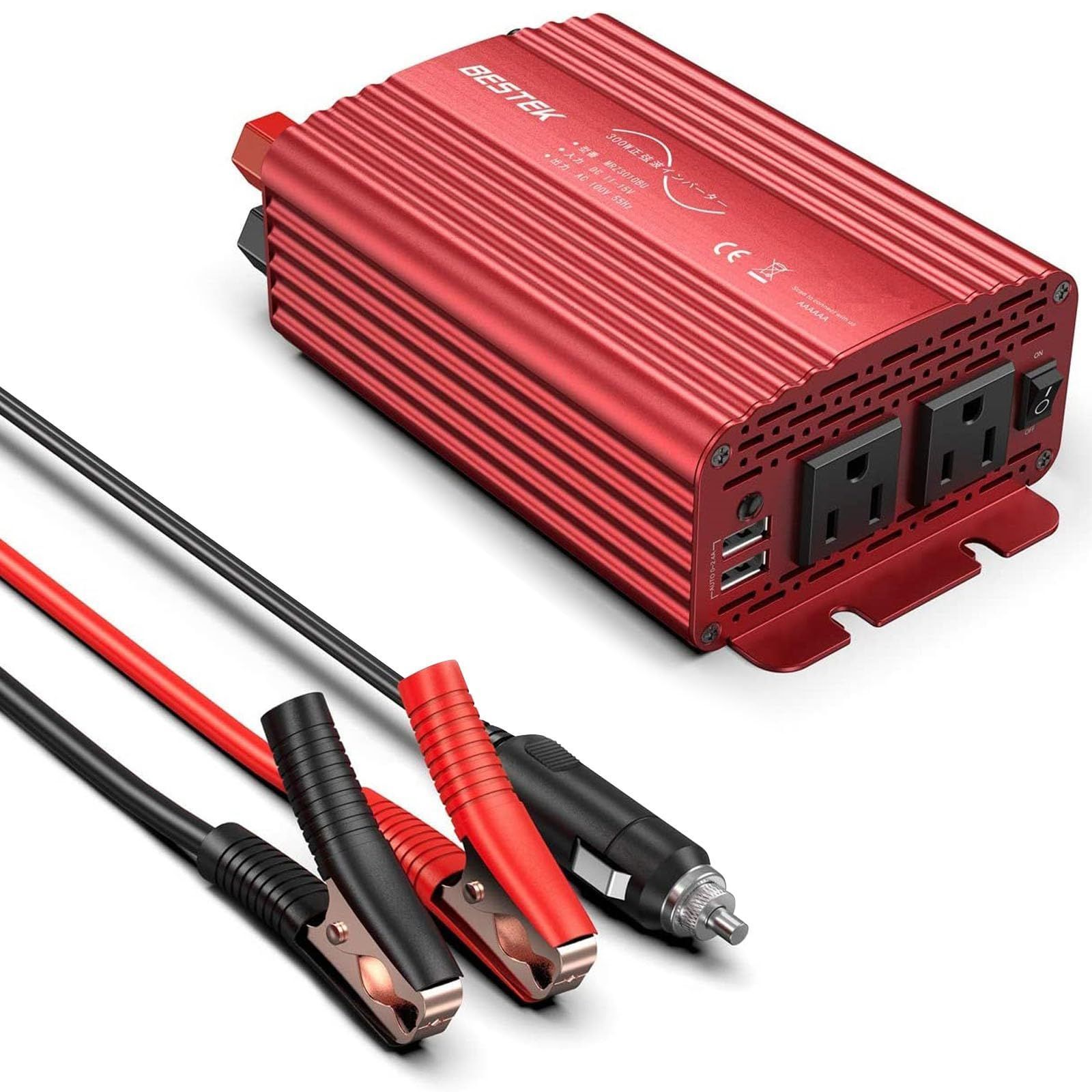 BESTEK インバーター 300W 正弦波 シガーソケット コンセント DC12VをAC100Vに変換 USB2ポート搭載 車載用インバーター カーインバーター A-MRZ3010BU-RD
