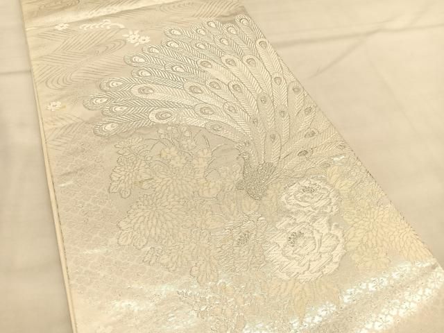 平和屋着物◎六通柄袋帯 唐織 美保姿 孔雀花文 銀糸 正絹 逸品