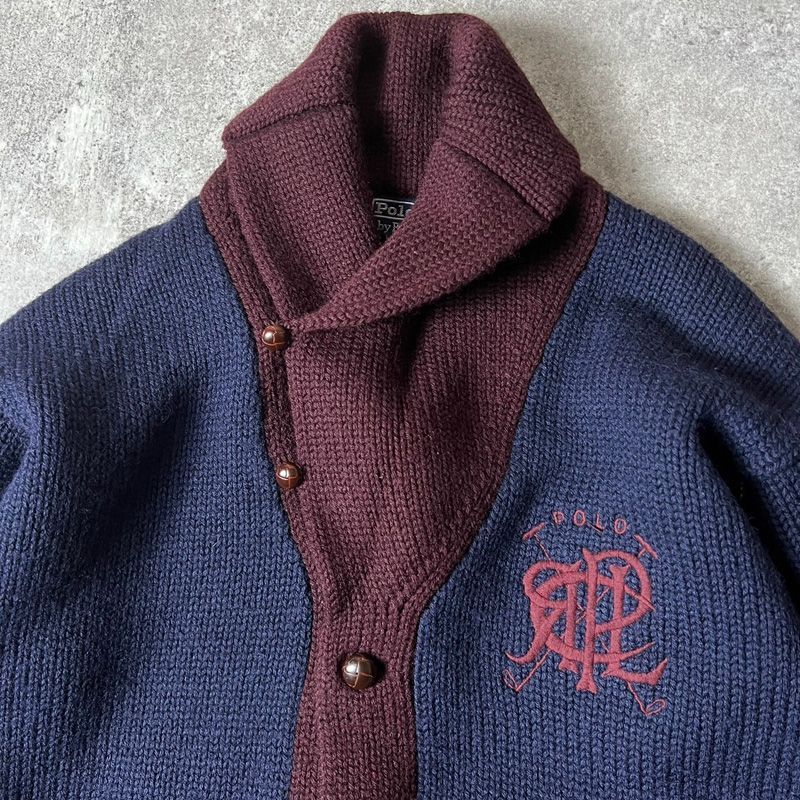 90s POLO RALPH LAUREN エンブレム ロゴ 刺繍 ウール ニット