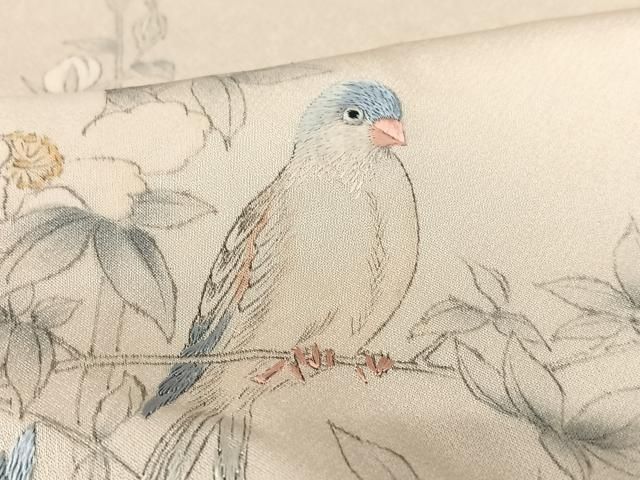 平和屋着物○訪問着 手描き 刺繍 枝花に休み鳥 正絹 逸品