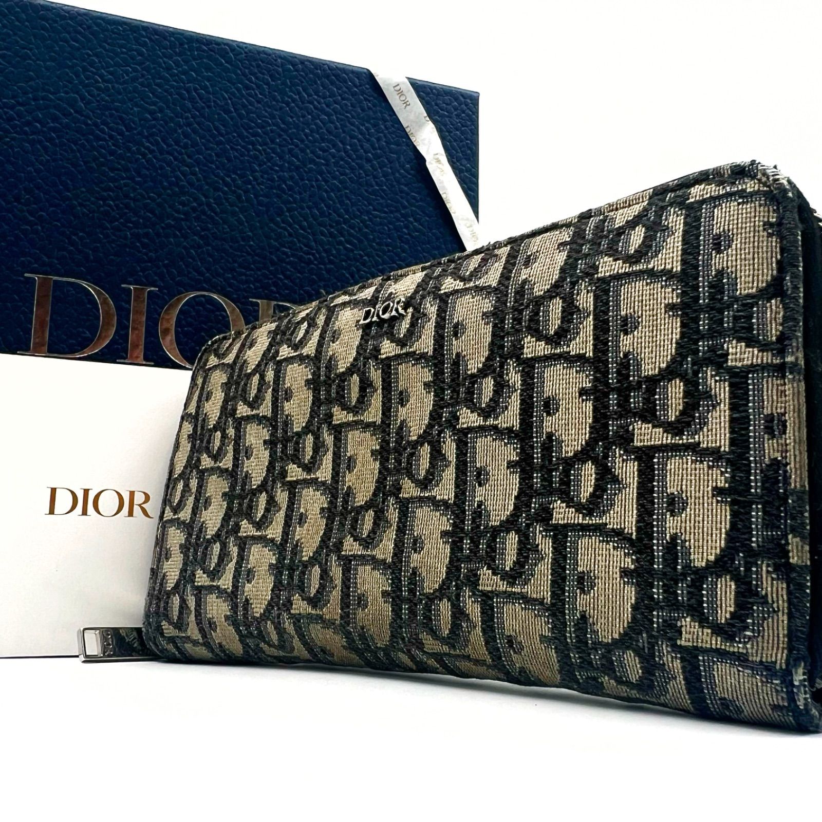 DIOR ディオール 長財布 ロングウォレットトロッター オブリーク ジャカード ラウンドファスナー ネイビー ブラック ベージュ キャンバス -  メルカリ