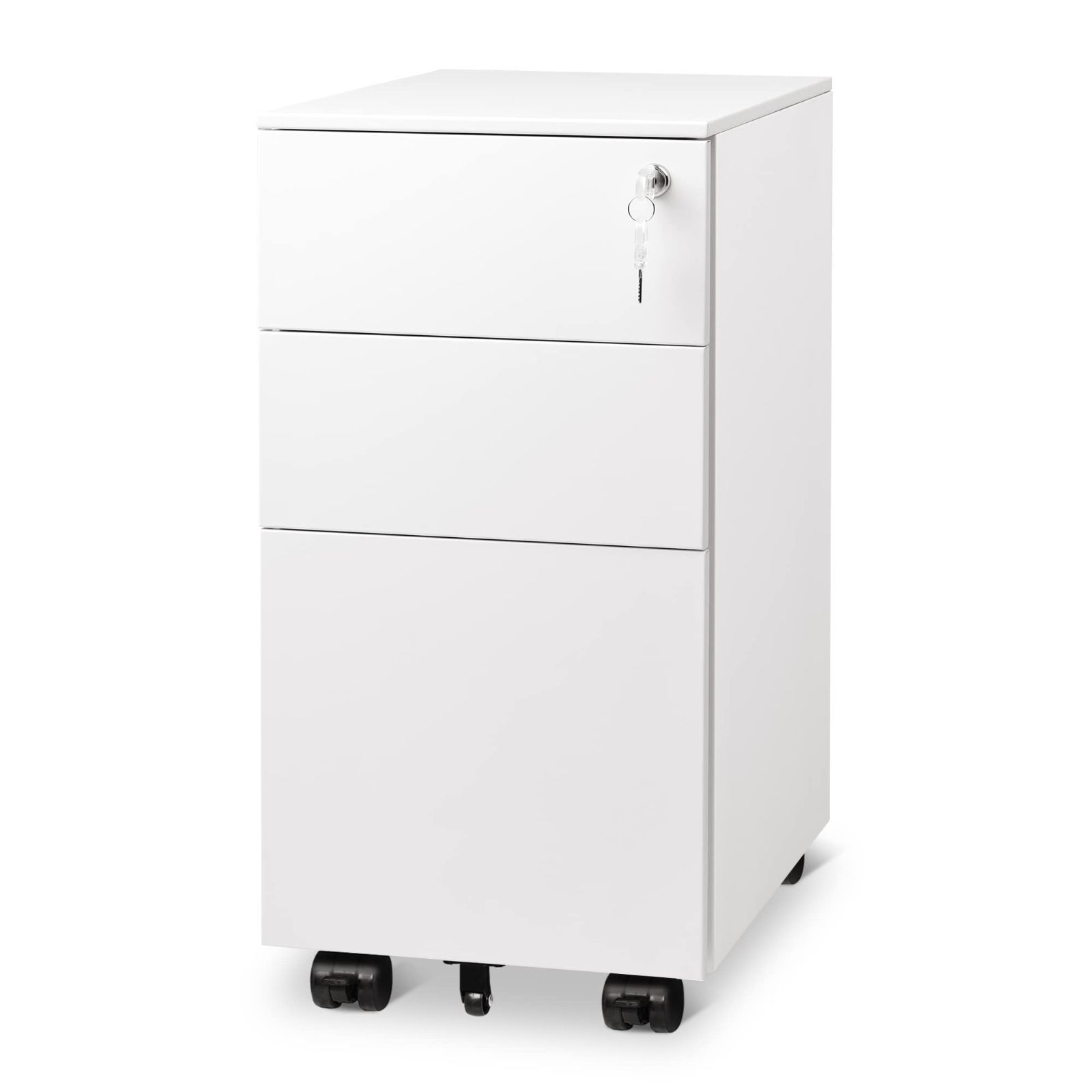 新着商品 オフィスワゴン キャビネット サイドワゴン 幅300*奥行435*高さ600mm スリム型 コンパクトサイズ デスクワゴン キャスター付き 鍵付き スリムワゴン 3段オールロック A4対応 丈夫なスチール製 DEVAISE サビ止め塗装 ホワイト