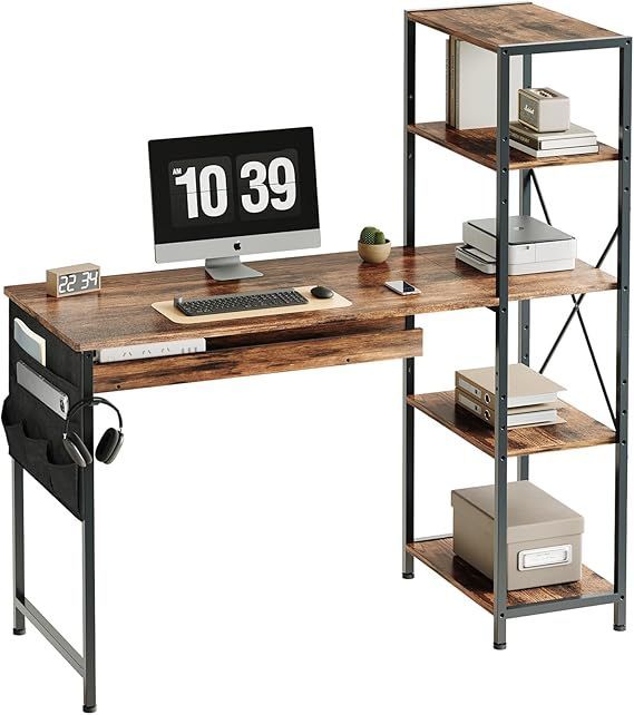 【在庫処分】YeTom pcデスク 机 ラック付きデスク パソコンデスク 幅120cm 桌子 A4対応 在宅ワークデスク オフィスデスク 収納ラック 収納袋付き 勉強机 学習机 左右入替可 可動式棚板 テレワー