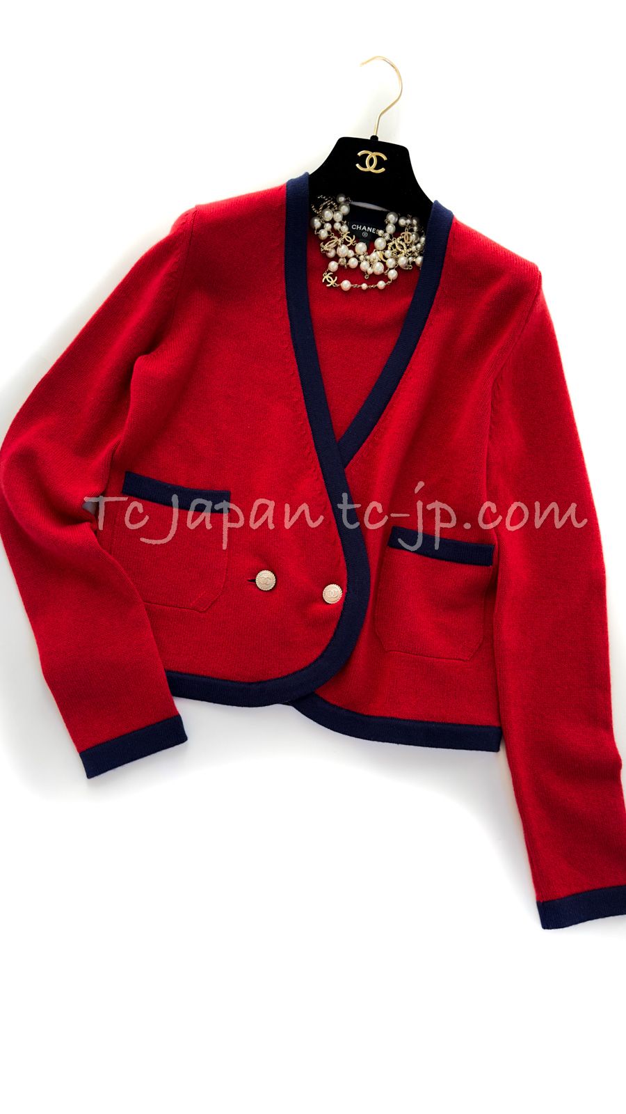 シャネル カーディガン CHANEL 2019 レッド ネイビー CCロゴ