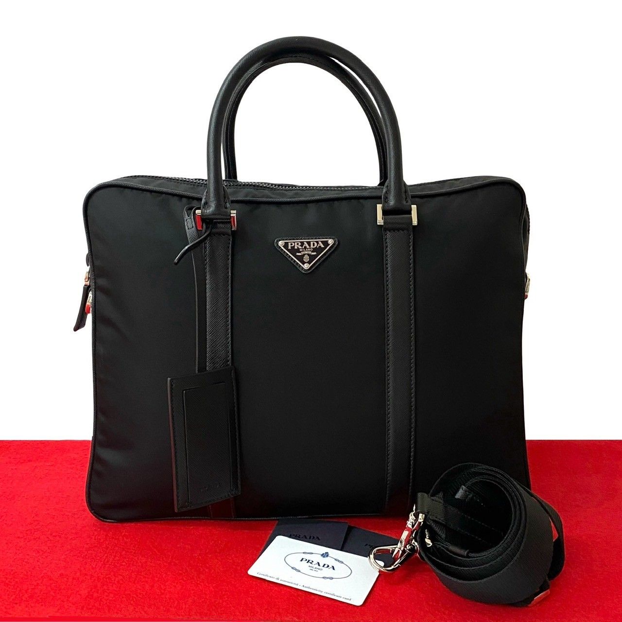 PRADA プラダ 三角ロゴ 金具 ナイロン サフィアーノレザー 2way ハンドバッグ ビジネスバッグ ショルダーバッグ ブラック 46429