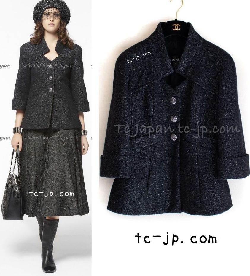 シャネル ジャケット コート CHANEL 54万 ブラック メタリック 肉厚 ふんわり ウール 黒 高見え カール ラガーフェルド作品 40