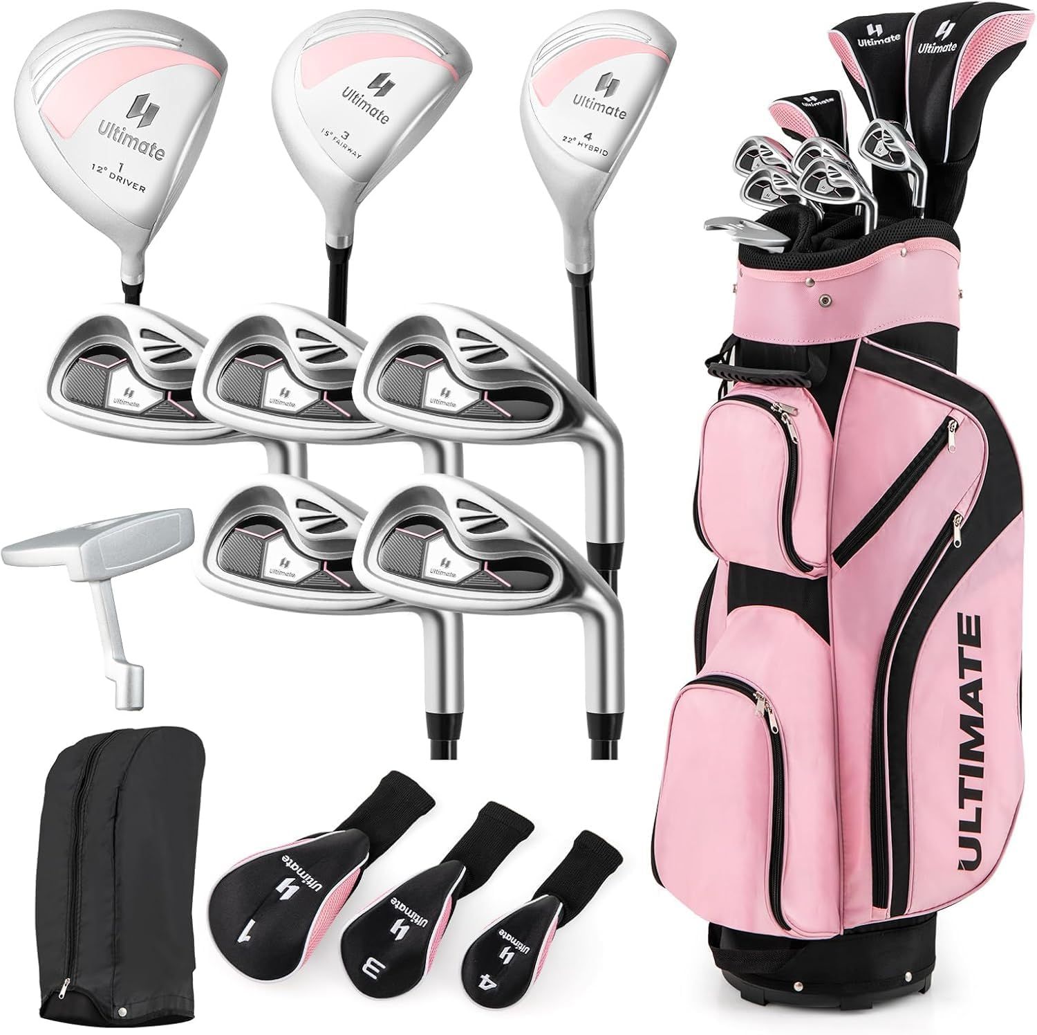GYMAX レディス クラブセット クラブ9本(1W/3W/4W/6I/7I/8I/9I/PW/PT) 右利き用 ゴルフクラブセット ヘッドカバー付き キャディバッグ付き 初心者向け 軽量 プレゼント ピンク