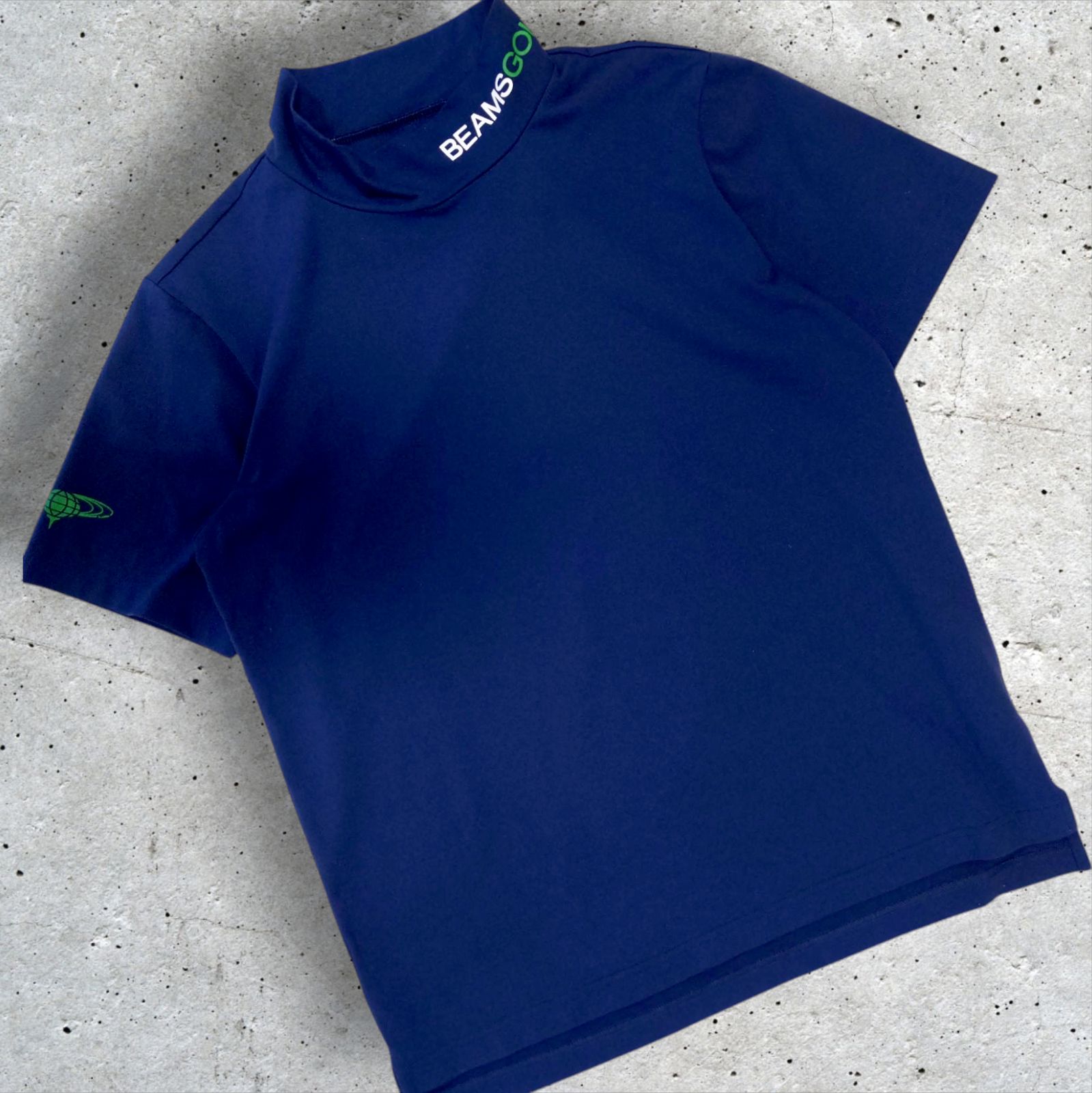 BEAMS GOLF モックシャツ ネックロゴ 半袖 ネイビー