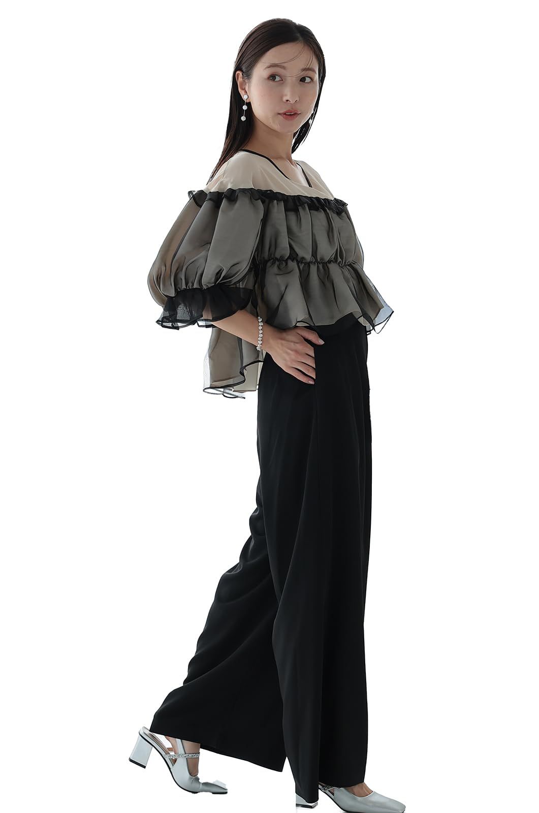 MORE AUNI 結婚式 ドレス パーティードレス ワンピース レディース 結婚式に着て行く お呼ばれ ギャザー トップス パンツドレス 披露宴 324240 BLK S