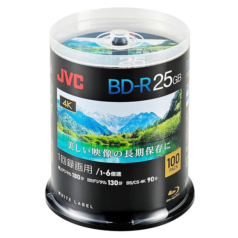 【新品】 ビクター(VICTOR) JVC 1回録画用 ブルーレイディスク BD-R 25GB 片面1層 1-6倍速 100枚 ディーガ その他 国内主要メーカーのレコーダー動作確認済 ホワイトディスク VBR130RP100SC2 0