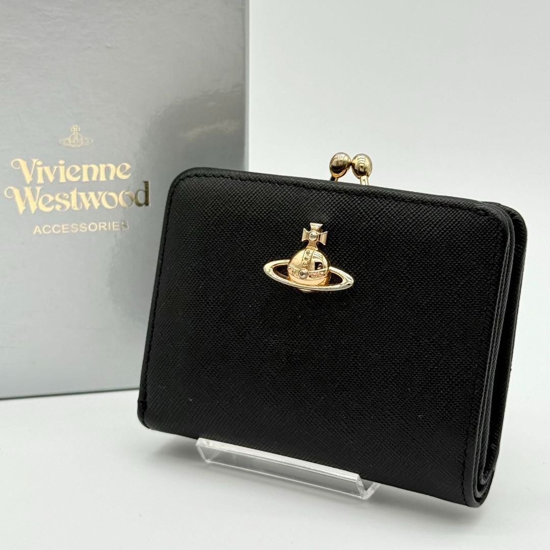 【良品】Vivienne westwood オーブロゴ　がま口　ブラック 美品】Vivienne 二つ折り財布 がま口財布 オーブ レザー