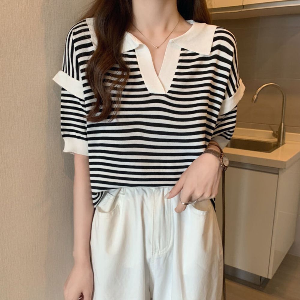 ポロシャツ レディース 半袖 ボーダー ニットTシャツ 薄手