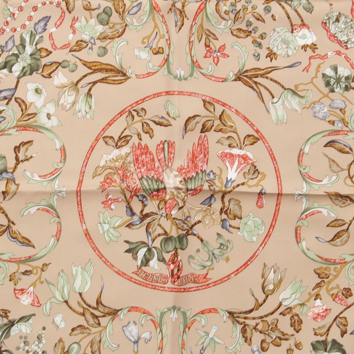 美品　エルメス　東洋の石と西洋の石細工　シルクシフォンスカーフ　カレ90 鳥 エルメス カレ90 PIERRES d' ORIENT et d' OCCIDENT 東洋の石と