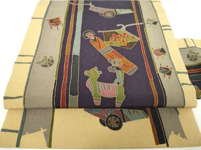 平和屋着物●全通柄九寸名古屋帯　玩具文様　鬼しぼ縮緬　金彩　正絹　逸品　DAAX4812ps 平和屋着物○全通柄九寸名古屋帯 玩具文様 鬼しぼ縮緬