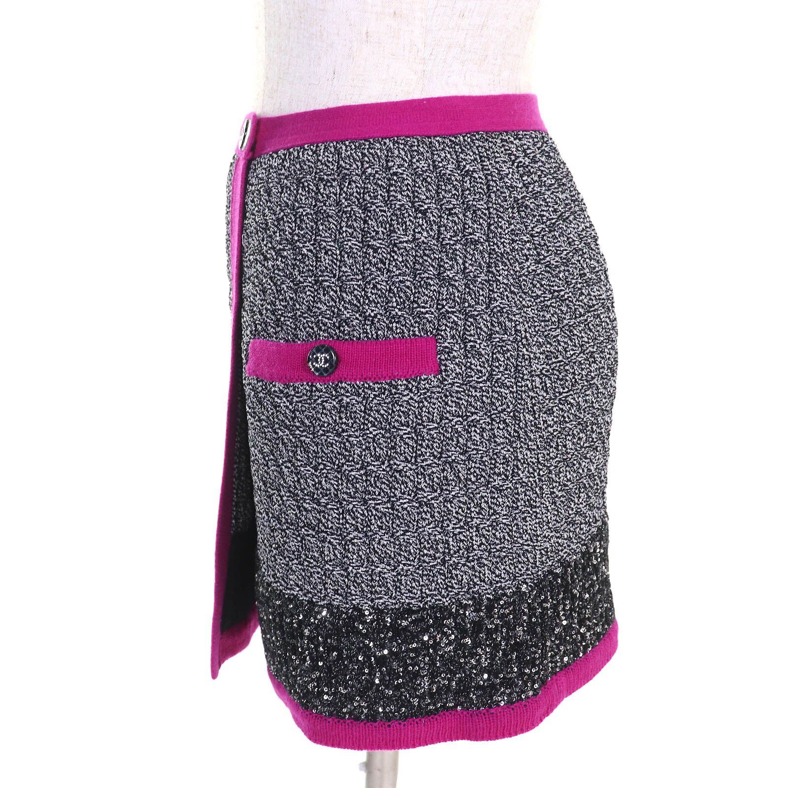 △CHANEL シャネル 21K P71616K10300 ココマークマトラッセボタン ラメ スパンコール ニット ミニスカート 品 シルバー パープル 38 レディース