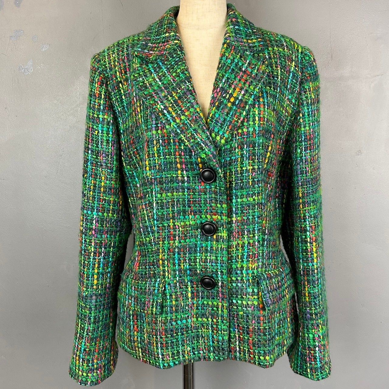 【美品】クリスチャンディオール　テーラードジャケット　ツイード　グリーン Christian Dior ツイードテーラードジャケットグリーンL