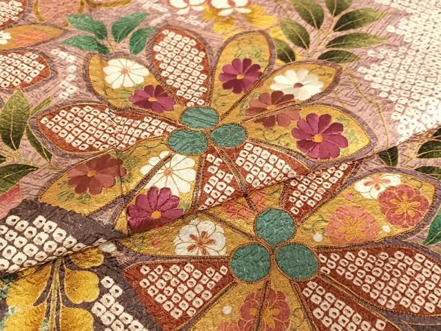 平和屋着物○豪華振袖 駒刺繍 絞り 舞花文 金彩 正絹 逸品 AAAY0281zg  