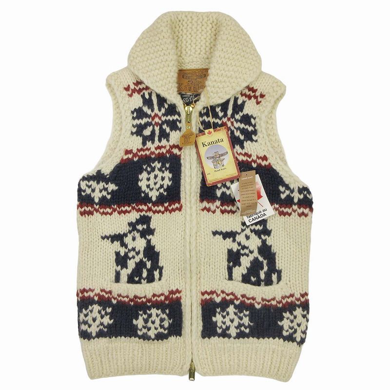 パパス Papas+ Kanata カナタ 50's vintage デザイン カウチン ベスト ニット ジップアップ ブルゾン アウター 手編み カナダ製 CANADA ウール レザー サイズ40 白 オフホワイト 紺 ネイビー