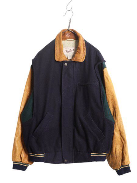 【お得なクーポン配布中!】 サンプル 品 90s ウールリッチ 袖 本革 レザー ウール ジャケット メンズ L 古着 オールド  WOOLRICH スタジャン スイングトップ ブルゾン