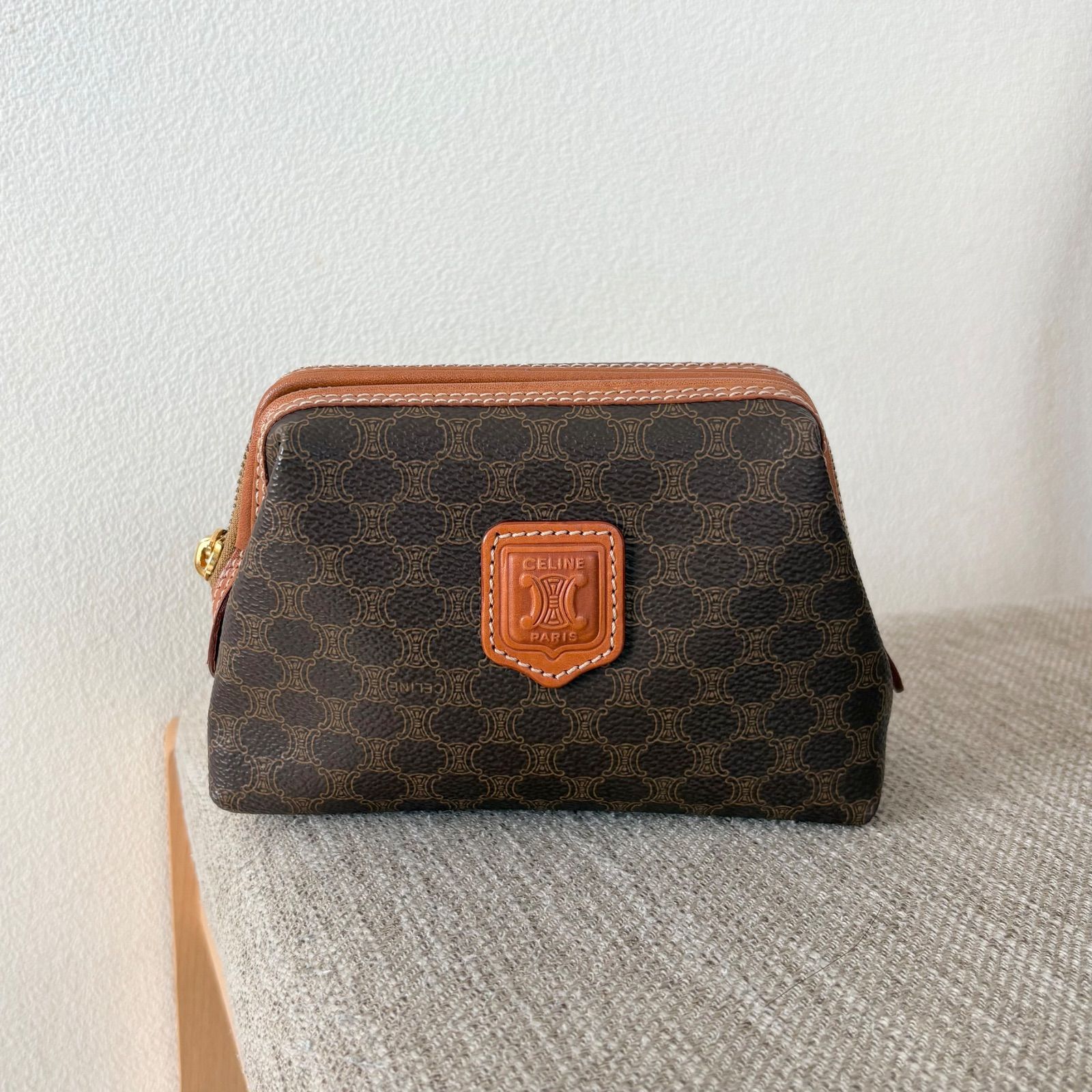 セリーヌ ポーチ マカダム柄 コスメケース小物入れPVC ブラウン茶