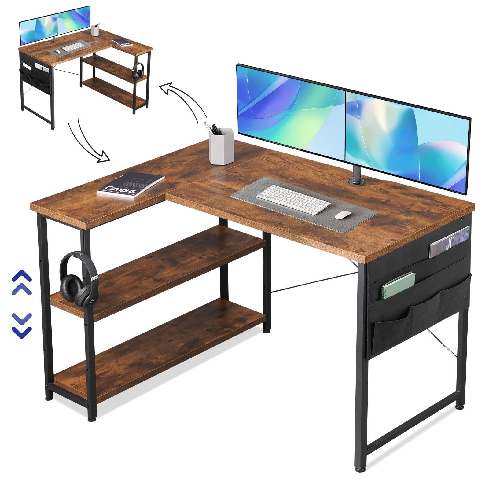 新着商品 ゲーミングデスク l字デスク desk pcデスク computer 収納袋付き勉強机 幅107cm ban 右棚左棚 hc 子 コーナーデスク 学習机 ワークデスク 机 本棚付きデスク パソコンデスク ビンテージ YeTom
