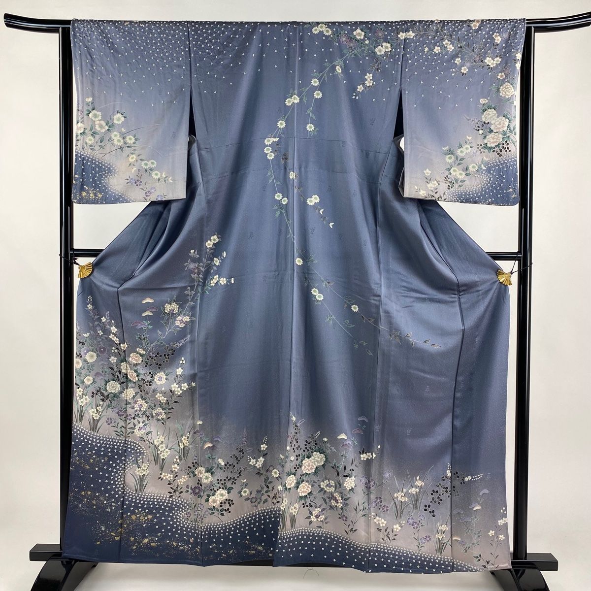 訪問着 身丈161cm 裄丈65cm M 単衣 枝花 霞 絞り 金銀彩 青灰色