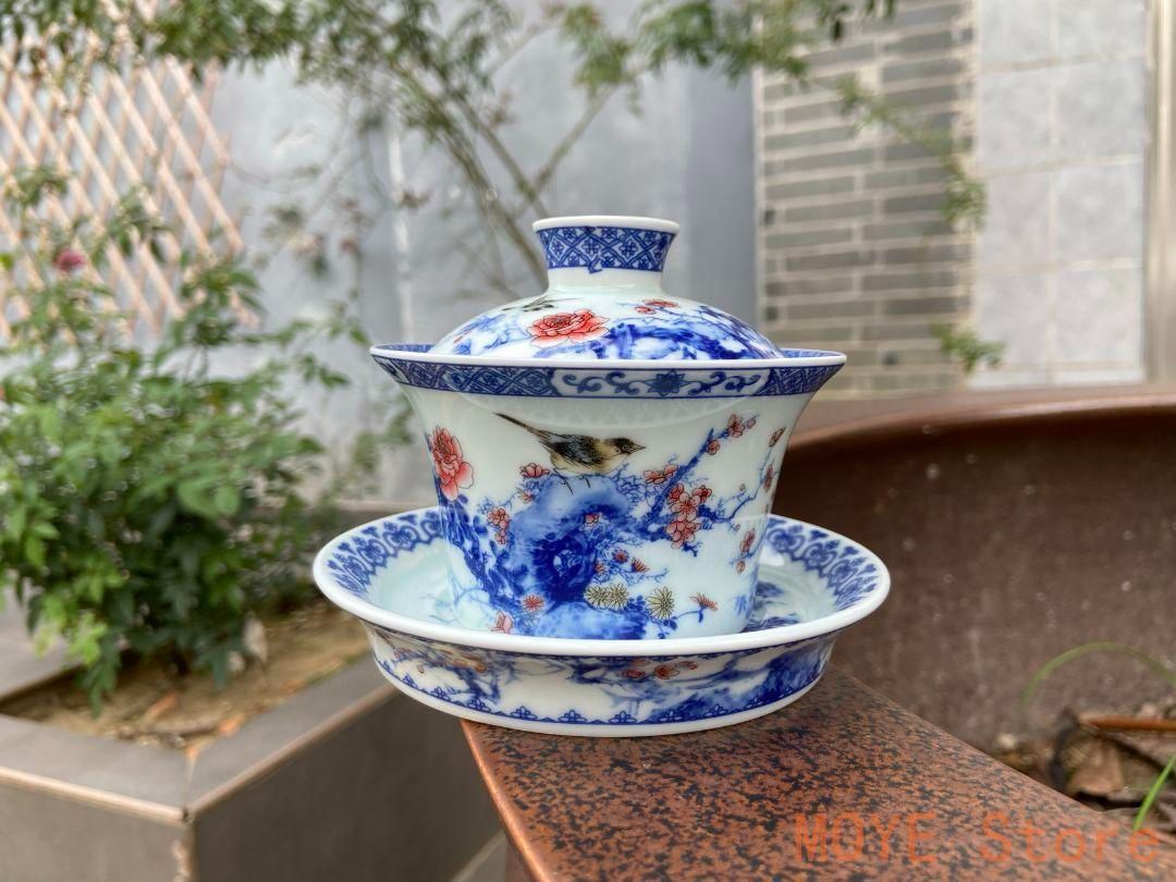 中国茶器 景徳鎮 陶磁器 青花馬蹄三才蓋碗 喜上眉梢 茶碗 煎茶器 新品未使用 中国茶器 景徳鎮 陶磁器 青花馬蹄三才蓋碗 喜上眉梢 茶碗 煎茶器