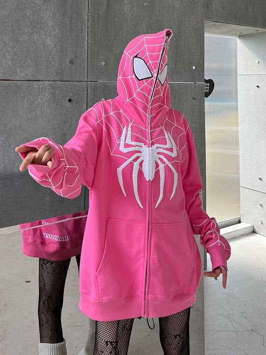 KaKazzy】スパイダーマン ピンク×ホワイト フルジップ パーカー 男女