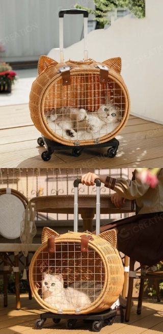 手作り籐かごペットキャリーカート猫かご小動物小型犬猫ラタン製取り外し ケージとカートPE籐
