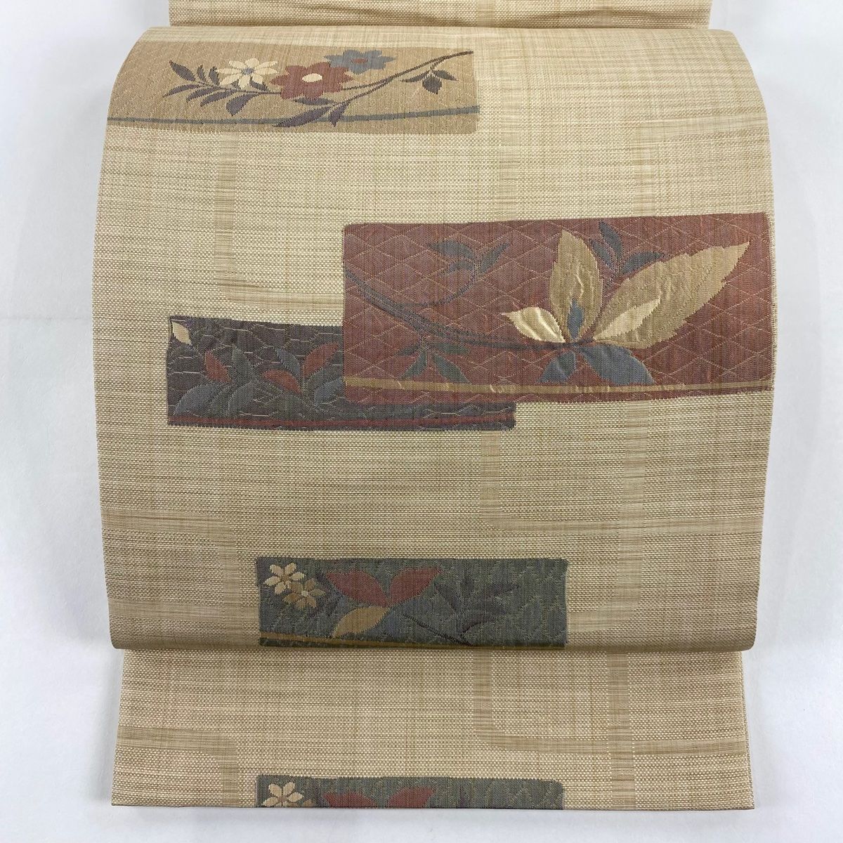 袋帯 秀品 証紙 紬地 色紙 草花 ベージュ 六通 正絹