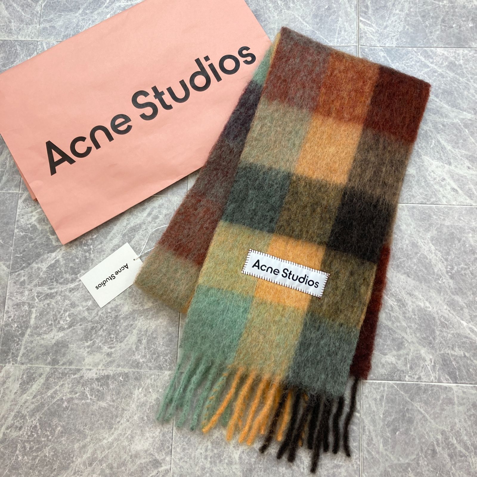 Acne Studios アクネストゥディオズ モヘアチェックスカーフ CA0084 マフラー チェック フリンジ ロゴ チェスナッツブラウン イエロー グリーン メンズ レディース PAWNSHOPRiZ パウンショップリズ