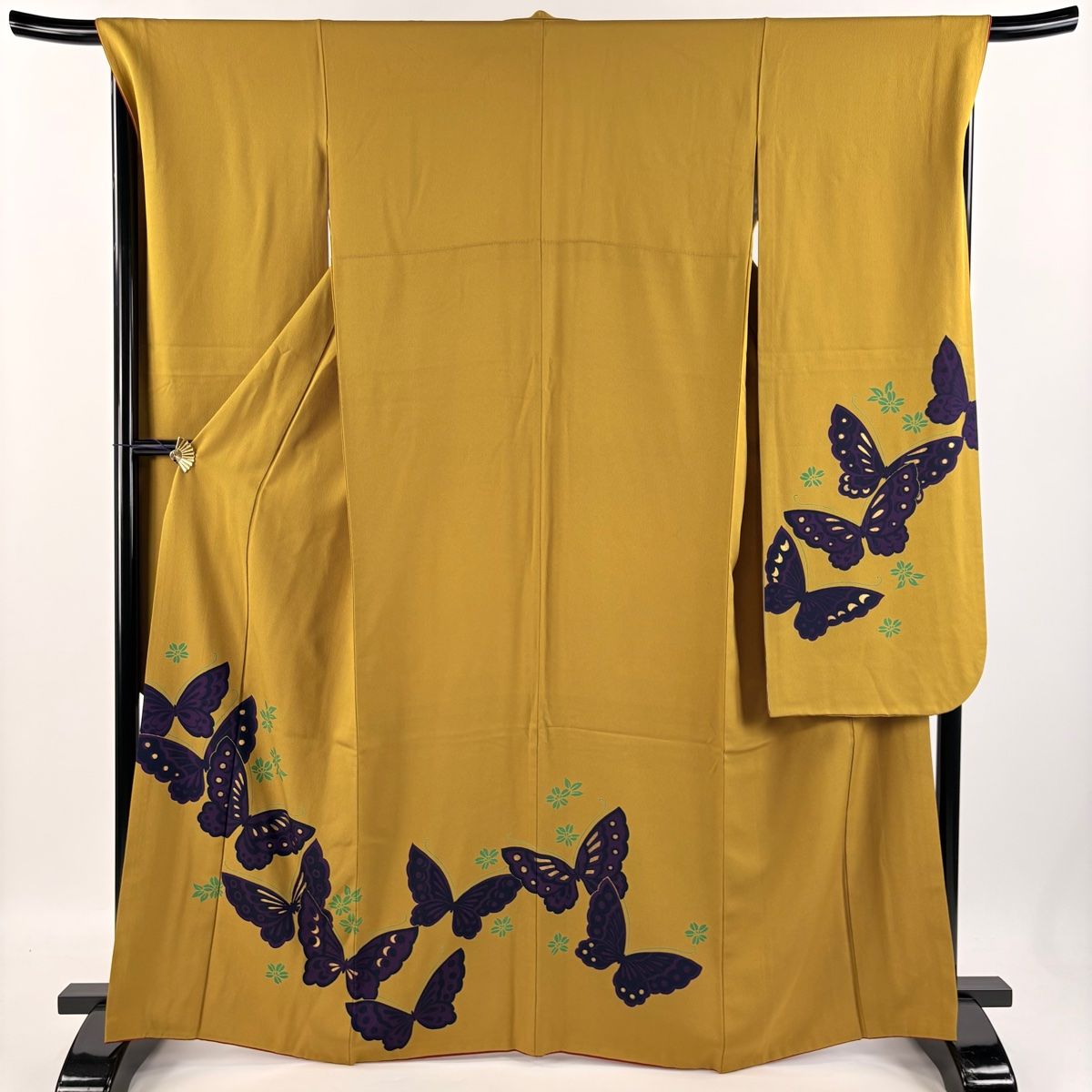 振袖 身丈163cm 裄丈68.5cm L 袷 蝶 桜 金彩 黄土色 正絹 秀品