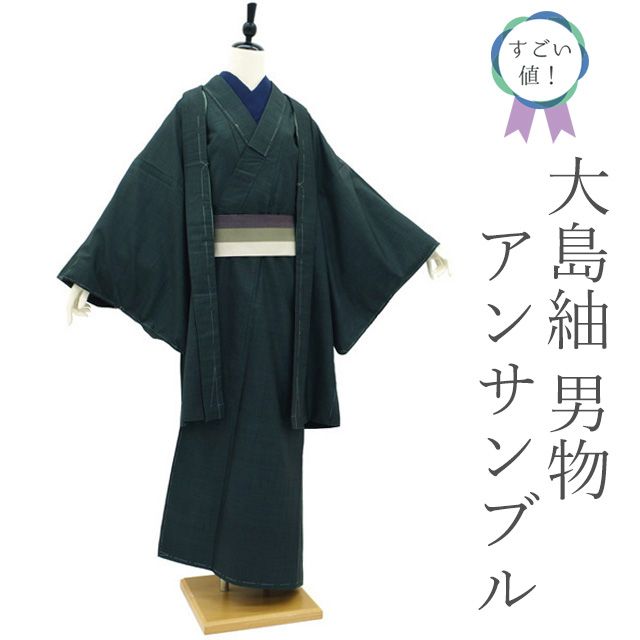 すごい値 本場大島紬 男物 アンサンブル ＡＳ リサイクル 袷 着物 羽織 正絹 泥染 草木染 黒地 緑 グリーン カジュアル 仕立て上がり 身丈144 裄丈72 Ｌサイズ メンズ 春秋冬 男性 紳士 男用着物 すごいね みやがわ nek01455
