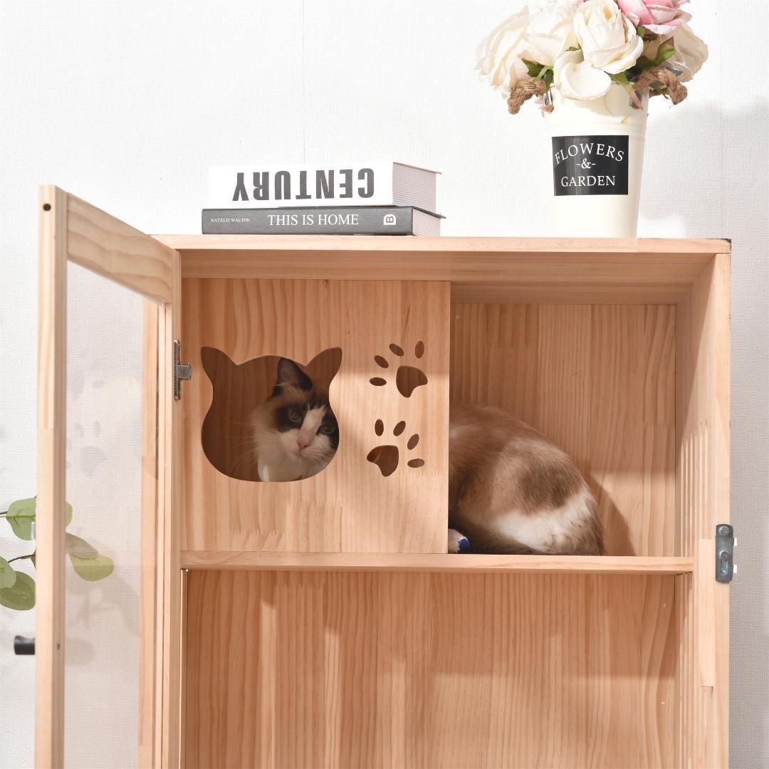 キャットハウス3段 木製フレーム大型おしゃれ留守番保護脱走防止多頭飼い