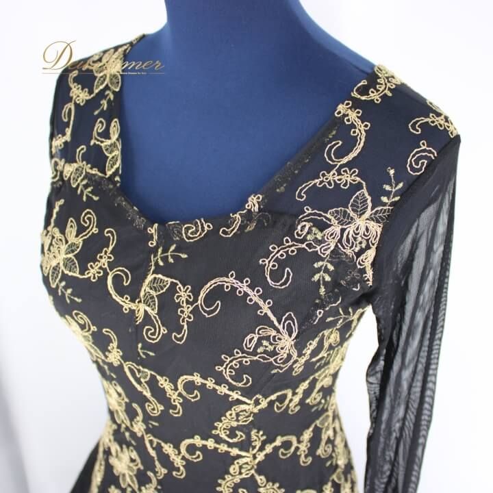 社交ダンスドレス 赤 金の装飾 長袖 フロート付 パーティドレス