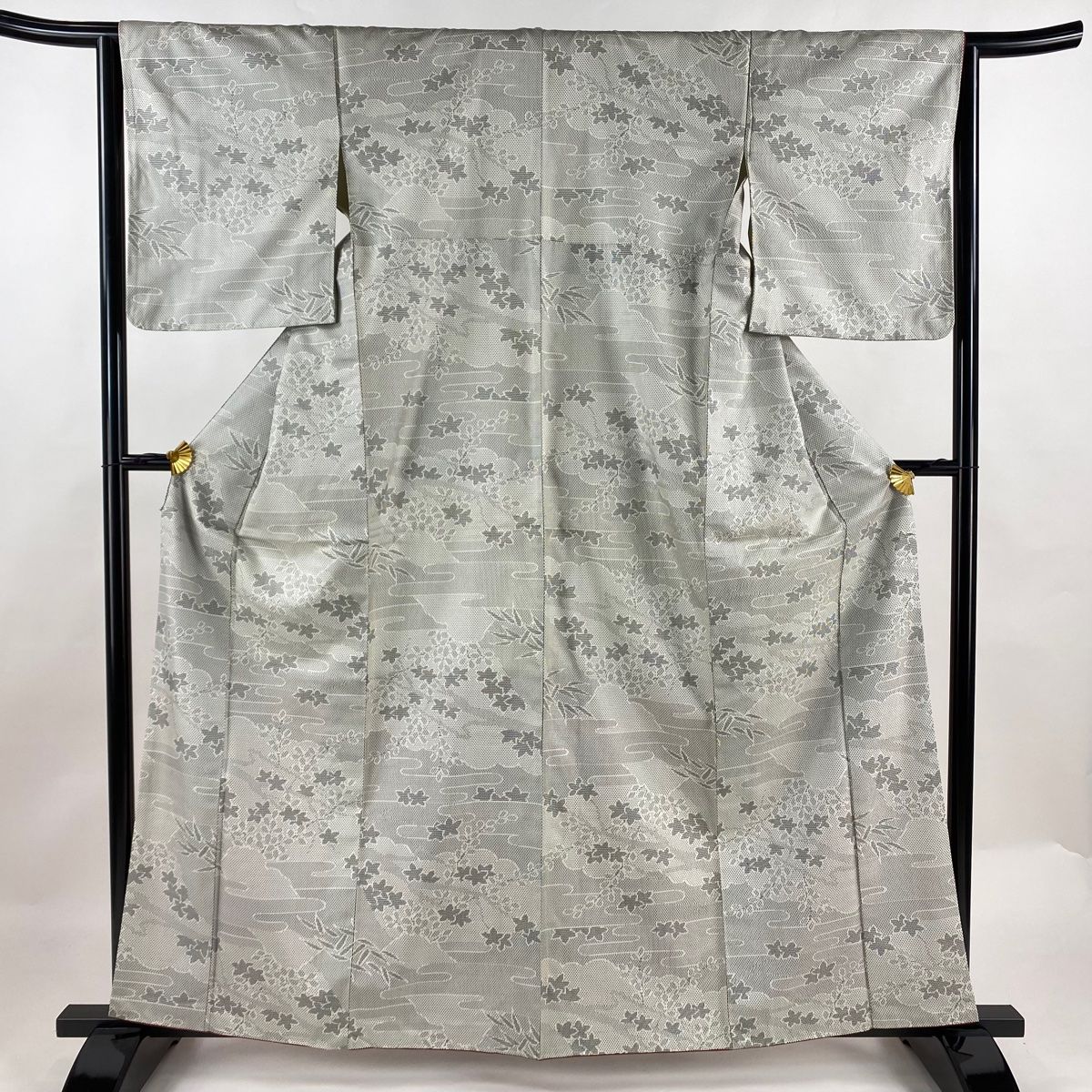 紬 身丈156cm 裄丈62.5cm S 袷 格子 よもぎ色 正絹 逸品 中古（紬 身丈  