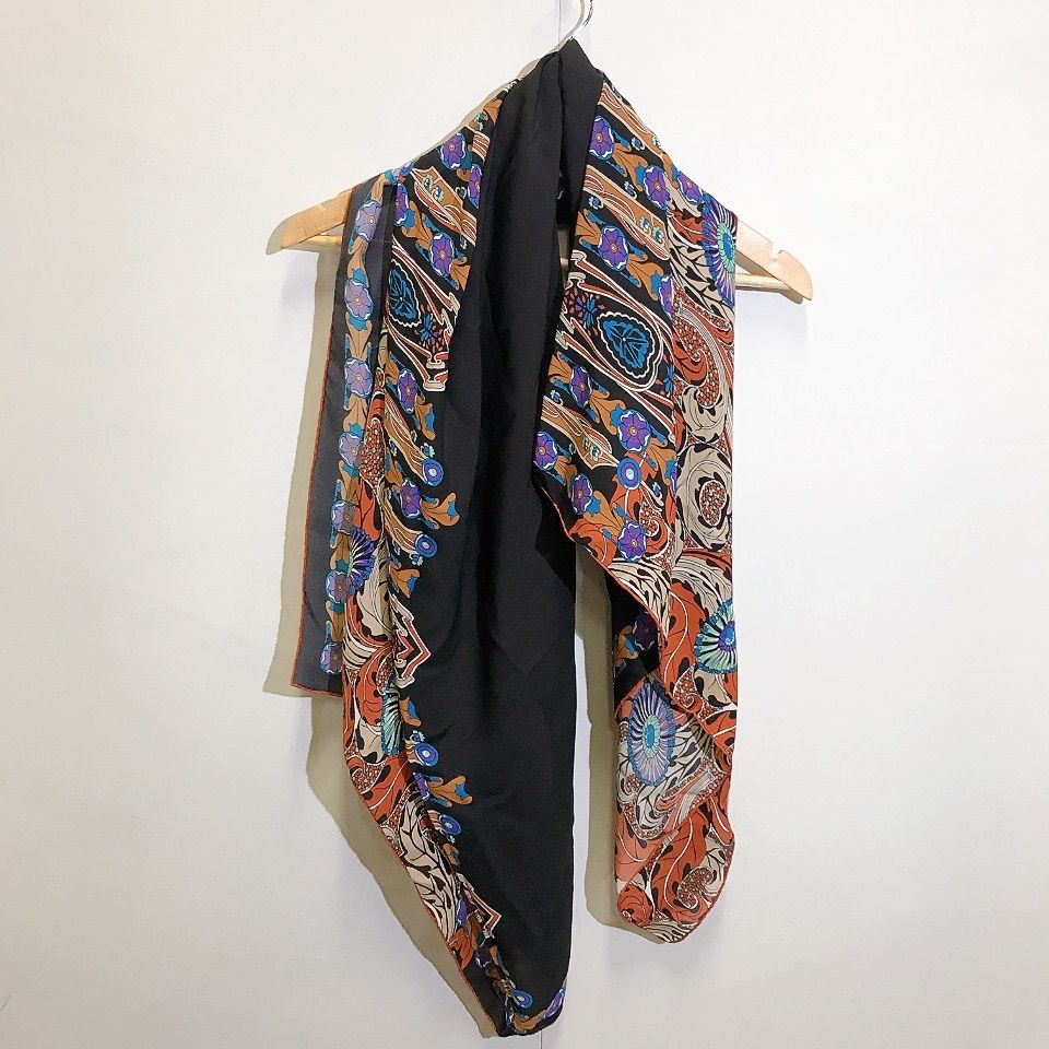 GUCCI グッチ 大判 スカーフ ストール 花柄 オレンジ×黒 シフォン系 