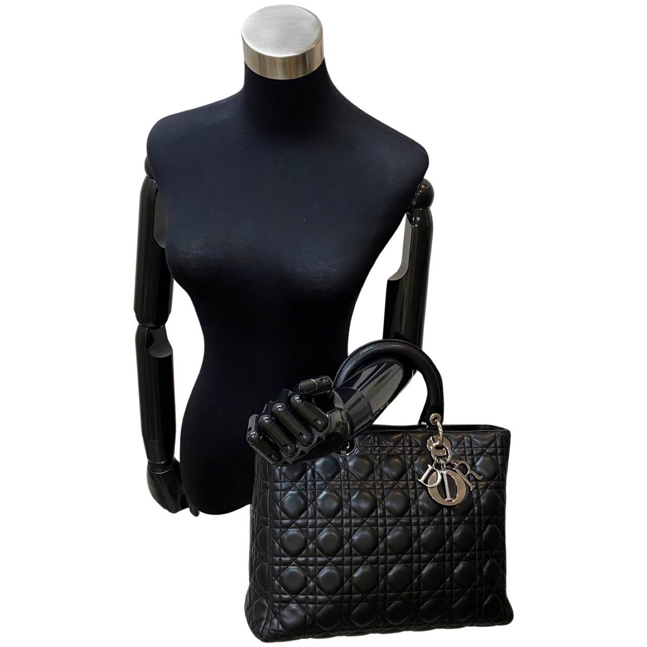 極 美品 袋付 Christian Dior レディディオール カナージュ レザー 本革 2way ハンドバッグ ショルダーバッグ ブラック 黒 23217