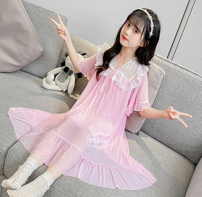 ネグリジェ キッズ パジャマ 子供パジャマ 半袖 モダール レース 女の子 夏 ロング丈 ルームウェア ワンピース パジャマ 部屋着 かわいい