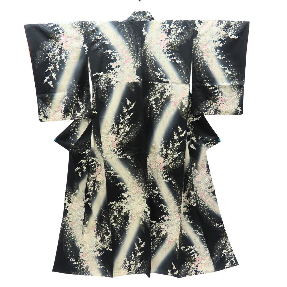 訪問着 付下 正絹 黒 白 花と蝶 和装 呉服 和服 きもの レディース 女性
