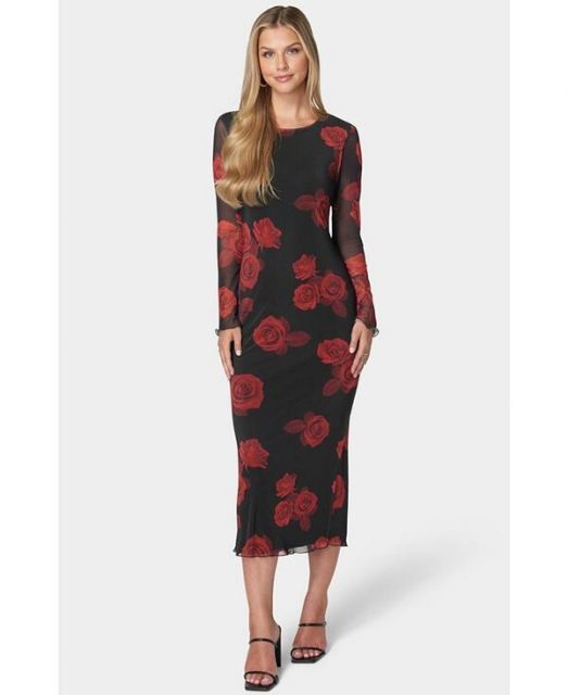 ベベ レディース ワンピース トップス Women s Long Sleeve Printed Powermesh Maxi Black|red