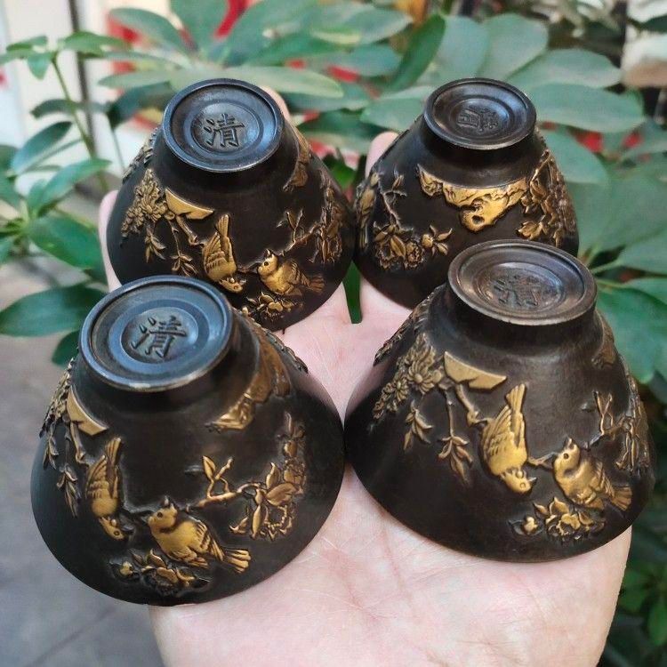 銅細工 鎏金福禄寿喜小碗4つ 浮彫花鳥杯 湯呑 茶器 煎茶道具