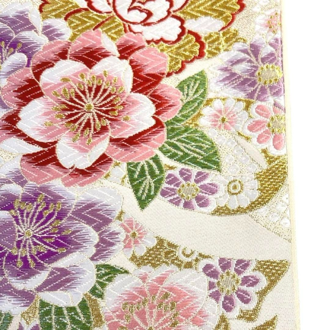 振袖帯 牡丹 八重桜 熨斗 華やか 金糸 ホワイト 袋帯 着物 024a d