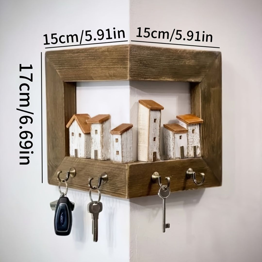 壁掛けキーホルダー 木製 4つフック付き カントリー調 シンプル モダン シック 北欧 寝室 リビング 玄関 アートクラフト整理 コート 帽子 ネックレス キーホルダー 家の鍵 車の鍵