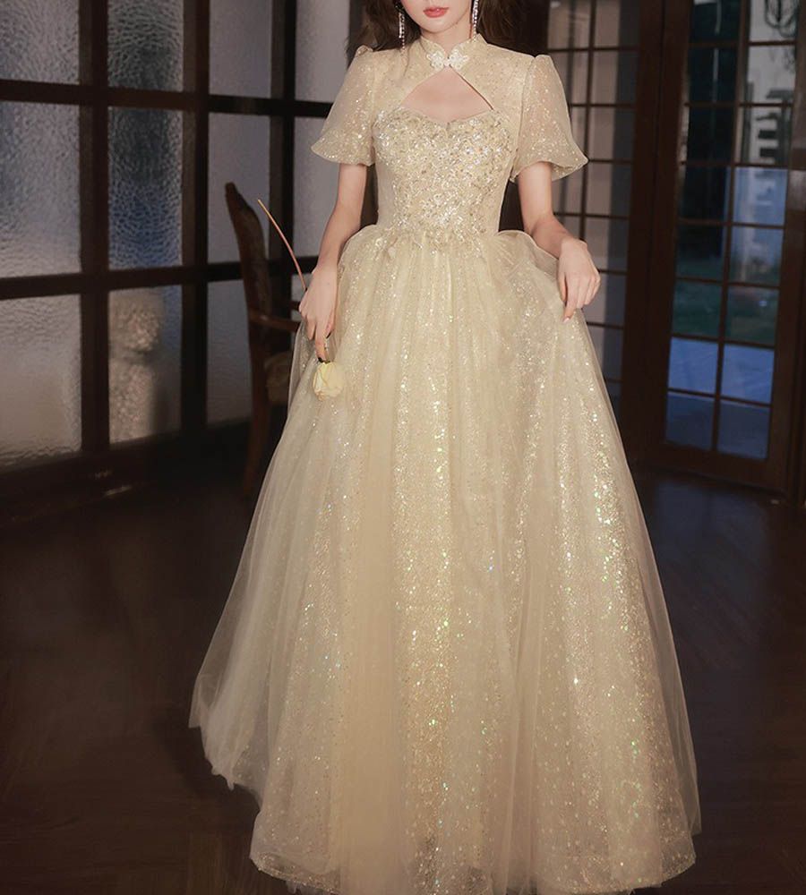 ドレス カクテルドレス ロングドレス パーティードレス シャンパンゴールド チャイナ 半袖 発表会 演奏会 ステージドレス イブニングドレス 大人 ゴールド 袖付き キラキラ 0887